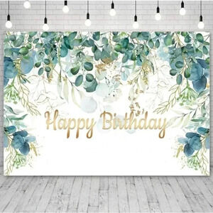 7x5ft Greenery Happy Birthday Backdrop Gold Green Eucalyptus Leaves Bundle